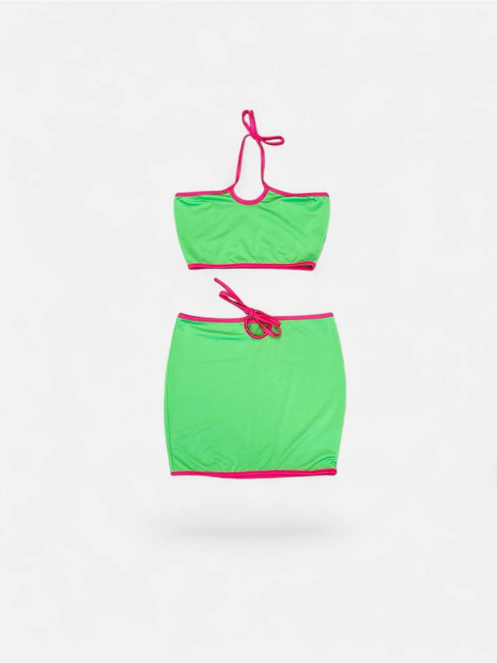 Dolls Kill Neon Green & Hot Pink Y2K Halter Top Mini Skirt Set
